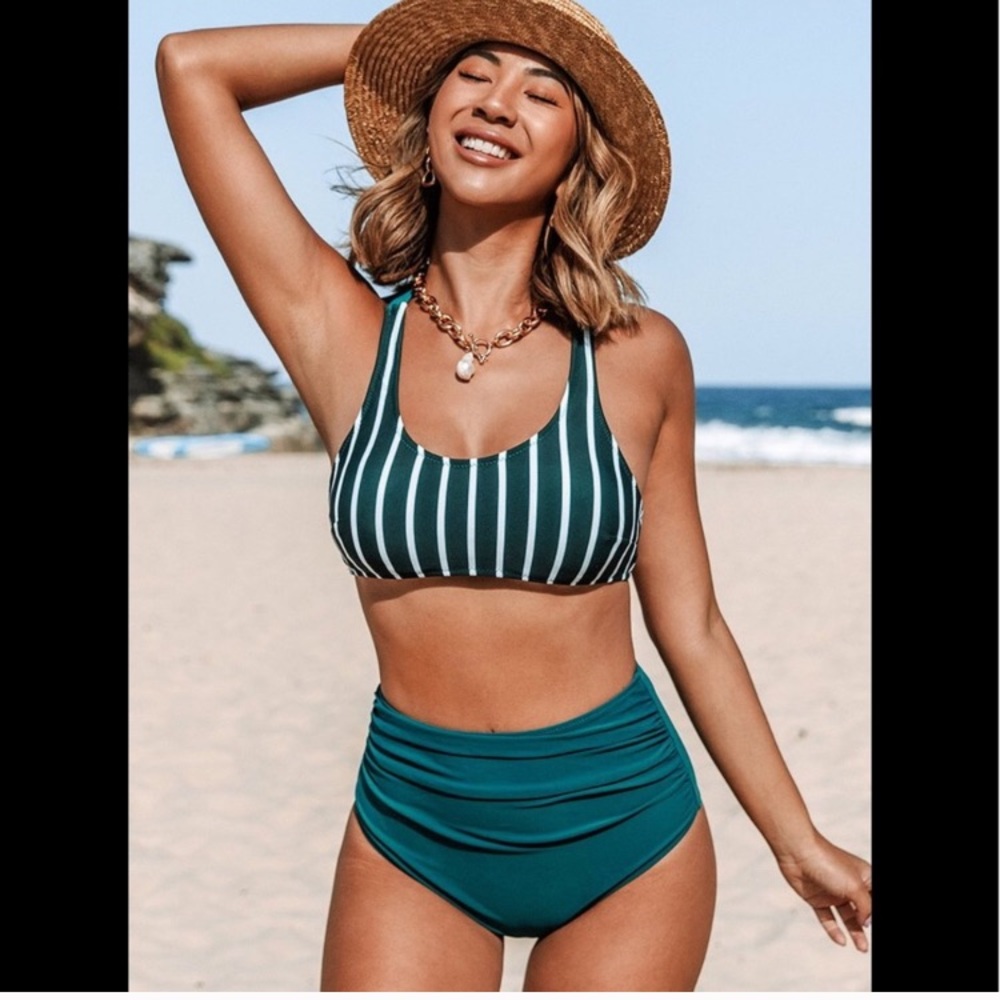 Cupshe Teal And White Striped  Bikini